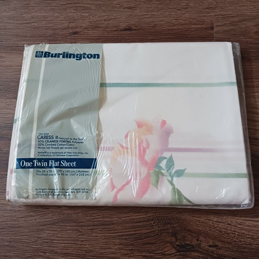 Vintage Burlington Caress II Twin Flat Sheet Watercolor Floral New